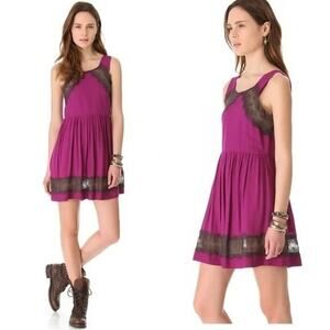 New Free People Georgia Lace Flare Party Slip Style Mini Dress Size 8 $98 Purple